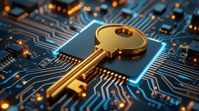 Golden key placed on computer microchip embedded in circuit board, symbolizing cybersecurity, encryption, and secure digital access control.