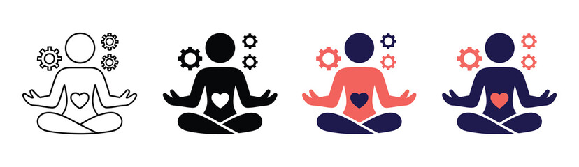 Stress management icon set illustrating calmness, emotional control, meditation concepts, coping strategies, mental health symbols
