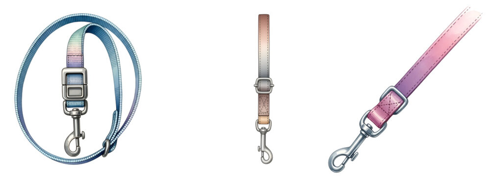 Three colorful pet leashes on transparent background