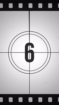 Vertical film leader, realistic vintage old movie countdown intro animation from 10 to 0. 4k video