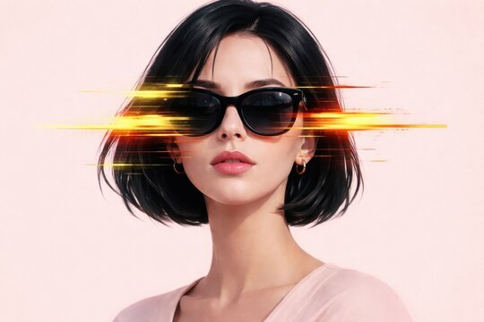 Woman with short black hair wearing sunglasses with glitch effect and bright light streaks