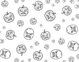 Obraz premium Angry faces of Halloween pumpkins scattered on a white background in various sizes and emotive expressions
