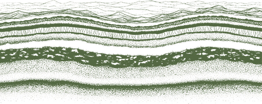 Cross-section of earth strata with grass and mountains in green illustration, showing geological layers and natural landscape