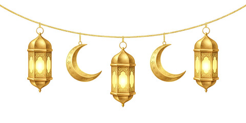 Obraz premium Golden Ramadan and Eid festive garland with lanterns and crescent moons, on a transparent background
