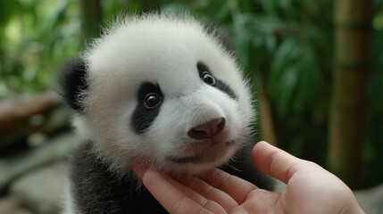 Fototapeta premium A baby panda is being petted by a person