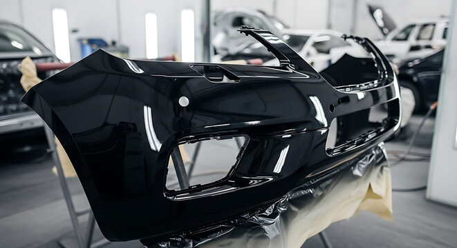 A black car bumper being repaired or manufactured in a well-lit automotive workshop with various cars in the background