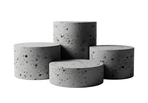 Four empty cylindrical concrete podiums of varying sizes isolated on a white background with soft studio light. Minimalist product showcase concept