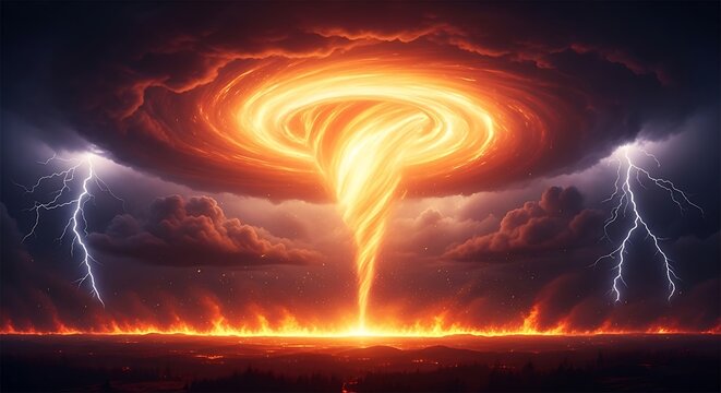 Dramatic digital art of a swirling firestorm in a dark, stormy sky with lightning