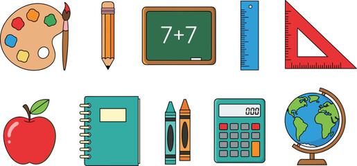 School education icons collection, classroom supplies calculator globe notebook crayons and blackboard cartoon vector illustration set © Kharshad Creative