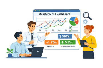Business team analyzing quarterly kpi dashboard with graph and chart.