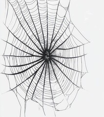 Obraz premium intricate circular spider web with radiating silk threads and fractured strands against a pale background, evoking delicate, haunting stillness