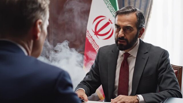 Formal meeting with Iranian flag backdrop, two individuals in serious discussion, symbolizing diplomacy, negotiation, and geopolitical relations.
