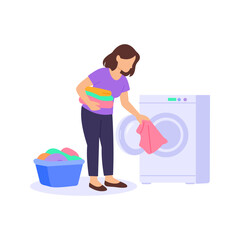 Washing Clothes, Cleaning garments using washing machine or handwash method, Flat vector character illustration