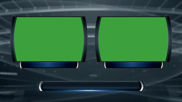 3d virtual news studio green screen background for sports broadcast, 2 display, gallery background, space for lower third side by side