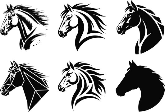 Horse head silhouette and mascot icon set, black stallion vector collection in various styles isolated on white background