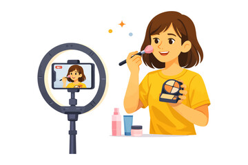 Young asian female vlogger applying makeup in front of camera setup.