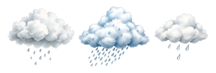 Fototapeta premium Three white rain clouds with raindrops on transparent background