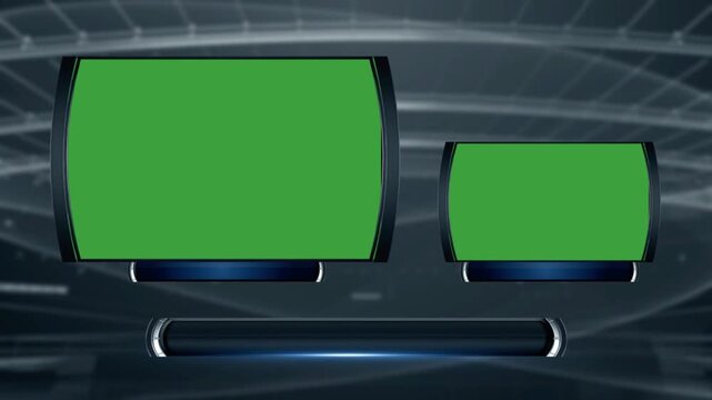 3d virtual news studio green screen background for sports broadcast, 2 displays, gallery background, space for lower third