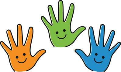 Fototapeta premium Colorful handprints with happy smiley faces in orange green and blue for kids creativity education community diversity and playful child development projects.