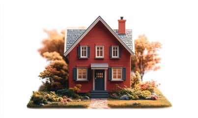 cozy red two-story house with gray gabled roof and chimney, shuttered windows, dark front door, stone path, lush autumn garden and warm inviting atmosphere