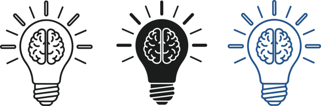 Creative brain lightbulb icons set in outline solid and blue styles representing innovative ideas intelligence mental health and brainstorming for business and education.