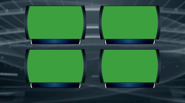 3d virtual news studio green screen background for sports broadcast, 4 displays, gallery background, space for lower third