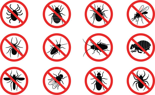 Pest control icons set with red prohibition signs featuring mosquito tick cockroach spider fly and flea for extermination services and hygiene safety.