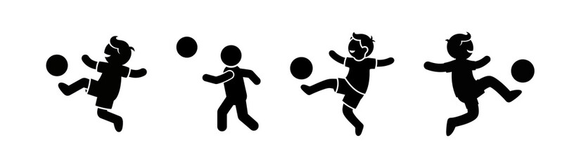 Dynamic black silhouette icons of children playing soccer, showing various action poses of young players kicking a football, ideal for sports graphics and youth activity designs © ARIF