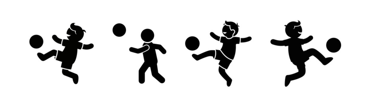 Dynamic black silhouette icons of children playing soccer, showing various action poses of young players kicking a football, ideal for sports graphics and youth activity designs