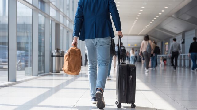 Traveler's Journey: A person walks purposefully through a bustling airport terminal, dragging a suitcase and carrying a bag, embodying the spirit of travel and the anticipation of new adventures.