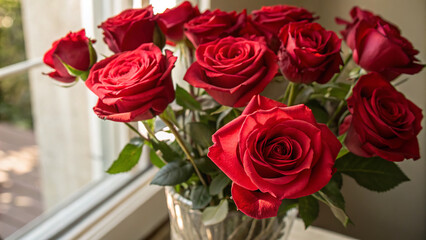 Roses placed in a clear vase near a window during daytime light