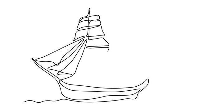 Vintage sailing ship, sailboat, Self drawing animation one continuous line draw, logo on white background