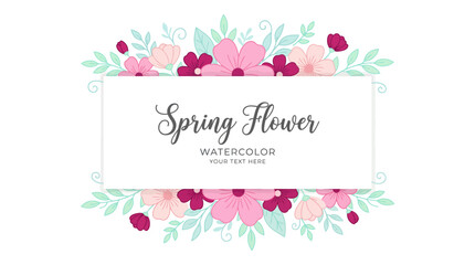 Spring Flower Watercolor Frame with Pink Blossoms and Mint Leaves, Floral Border Design