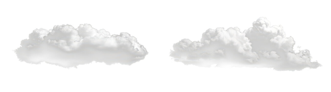 set of two fluffy white clouds in sky isolated on white or transparent png
