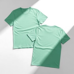Fototapeta premium Front and back view of a blank mint green t-shirt mockup on a white background with shadow overlays, perfect for apparel design presentations.