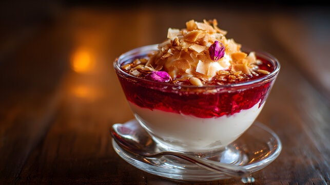 Malabi traditional milk pudding with syrup on a wooden table background. Illustration of traditional Israeli food background.