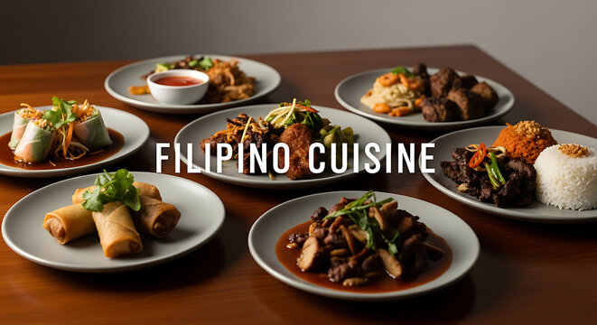 Assorted Filipino dishes beautifully arranged on a wooden table, featuring various cuisine, meal, food, cooking, and dining elements from a top view.