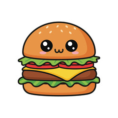Cute cartoon hamburger with face and sesame bun smiling