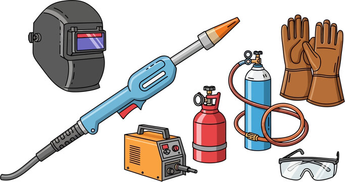 A collection of essential welding equipment and safety gear including a helmet, torch, welder, gas cylinders, gloves, and safety glasses.