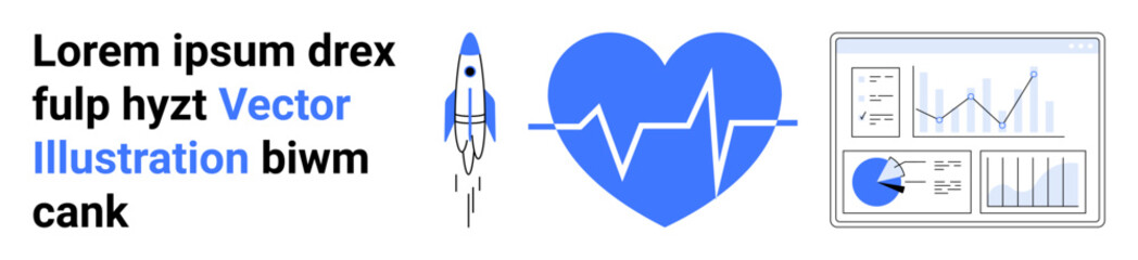 Rocket launch symbolizing innovation, heartbeat representing healthcare, and data charts showcasing analytics and statistics. Ideal for technology, healthcare, analytics, growth, startups