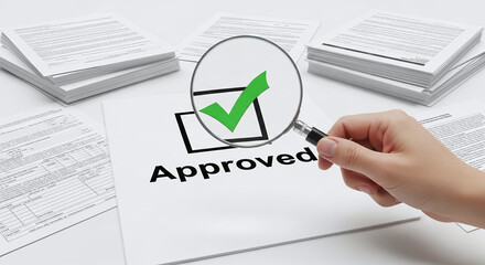 Fototapeta premium Approved Document with Magnifying Glass and Checkmark on Paperwork