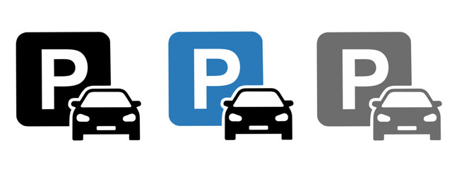 Car parking icons featuring a letter P in square frames with vehicle silhouettes in three colors © NaRa