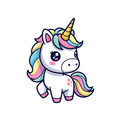 Cute cartoon unicorn with rainbow mane and tail standing © JakirStock