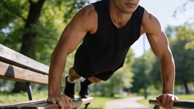 Athletic man performing push ups using a park bench, representing strength training, outdoor workout, healthy lifestyle, and bodyweight exercise.