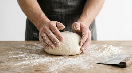 Obraz premium Man kneading dough on wooden table with flour and kitchen tools