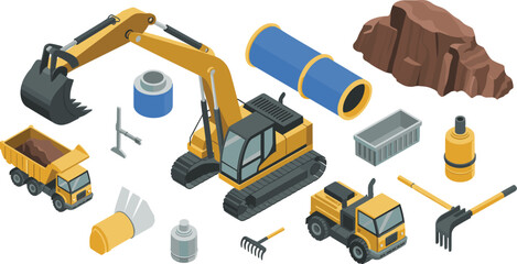 Isometric construction machinery and heavy equipment set, excavator dump truck tools and industrial building elements illustration collection © mdabdur