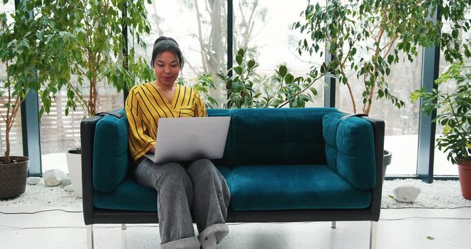 Positive hispanic woman sitting on sofa, working using laptop, copywriter typing on keyboard