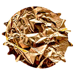 Crinkled gold foil texture isolated on transparent background in a cutout shape