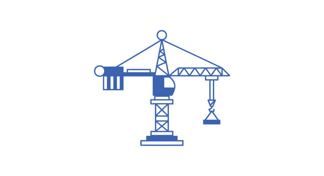 Blue construction tower crane illustration on white background.