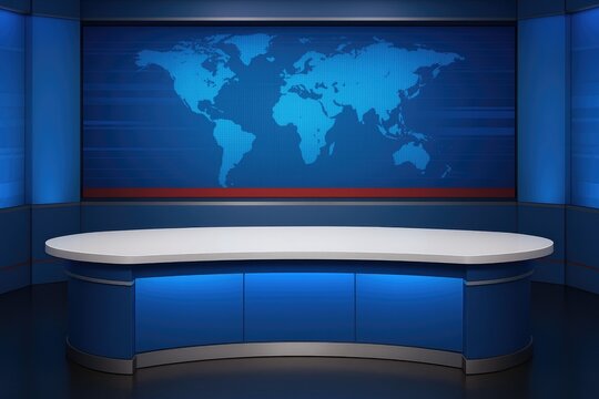 News studio desk with world map backdrop for broadcast journalism and global reporting news studio.